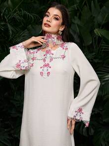 Al Najma Gaun Fashion Longgar Lengan Panjang Chiffon Putih Bordir Terbaru untuk Wanita - Putih - View 4