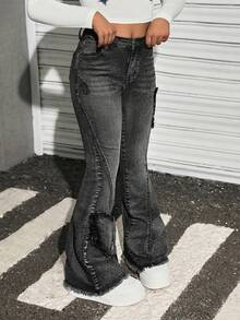 SHEIN Tween Girl Y2K Retro Washed Butterfly Shaped Patchwork Flared Jeans With Pockets And Raw Hem, Fall Back To School Streetwear - Black - View 5