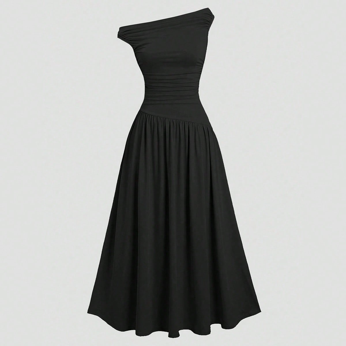 Vestido negro de punto con cintura fruncida en línea A para niñas preadolescentes, vestido negro elegante, versátil y sencillo