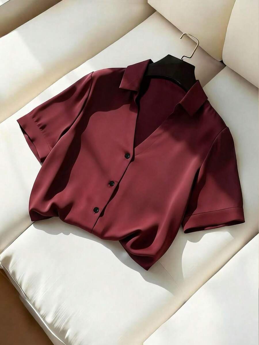 SHEIN Franclia 女士宽松V领衬衫，休闲日常穿着，适合约会、聚会、通勤、春夏穿着 - 酒紅色 - 查看 1