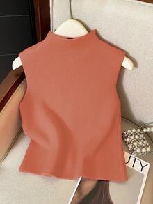 Franclia 女士休闲宽松无袖高领针织纽扣上衣，春秋季无袖针织衫，焦橙色针织衫，女士针织衫，蜜桃色上衣，纯色针织衫，纯色上衣，焦橙色上衣 - 珊瑚橙 - 查看 2