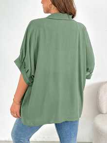 SHEIN Essnce Áo sơ mi nữ cỡ lớn thời trang xuân hè, dáng rộng thoải mái, đa năng, ôm nhẹ, màu đen cài nút, kiểu dáng đơn giản, thích hợp mặc hàng ngày, áo kiểu công sở, áo đồng phục giáo viên. - Màu xanh Bạc hà - Xem 2