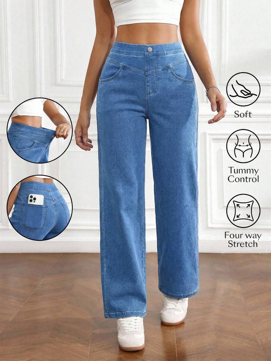 SHEIN Unity Women's Pocket Button Casual Versatile Daily Wear Wide Leg Jeans - Light Wash - View 1