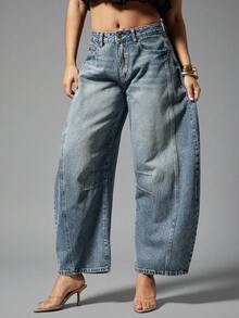 Denimoi 女士口袋喇叭休闲宽松牛仔裤 - 藍色 - 查看 3