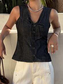 Livesso Women's V-Neck Single-Breasted Front Tie Casual Denim Vest - Black - View 4