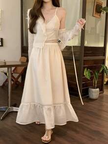 DAZY 女士法式蕾丝边饰薄纱雪纺上衣和半裙两件套 - 杏色 - 查看 8