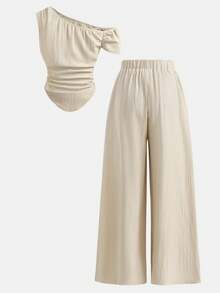 SHEIN Girlism 少女套装，杏色，露肩设计，简约风格，休闲度假风，优雅装扮 - 杏色 - 查看 8