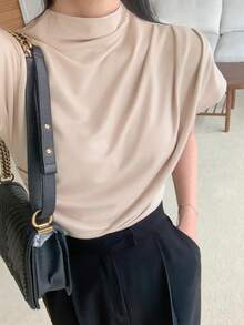 DAZY Women's Mock Neck Ruched Short Sleeve Fitted Elegant T-Shirt - Apricot - View 4