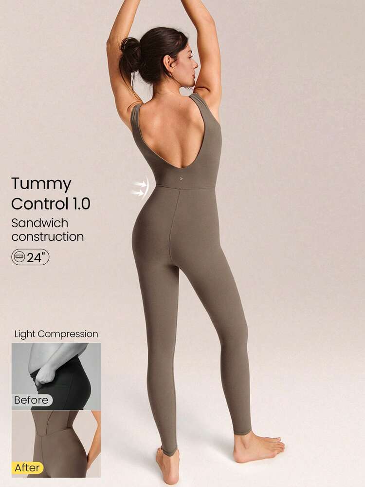 24" FeatherFit™ Tummy Control Open Back Gym Yoga Pilates Sports Jumpsuit Bodysuit Summer Elegant For Woman