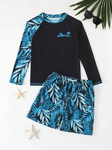 SHEIN 青少年（男童）泳装，时尚印花长袖防晒衣 - 黑色 - 查看 7