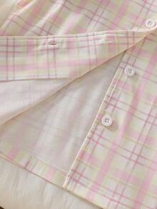 女童格子印花短袖上衣和裤子舒适睡衣套装（2件套） - 粉色 - 查看 7