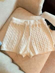 Franclia 纯色麻花针织抽绳腰带短裤 - 杏色 - 查看 1