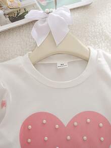 Elladie kids 2 pièces/Ensemble Sweat-shirt-shirt à manches longues avec imprimé cœur & Jupe plissée pour jeune fille, rose clair, automne, anniversaire, Saint-Valentin, vacances, nouvelle tenue à la mode - Rose bonbon - Voir 4