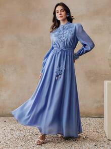 Anewsta 春夏优雅女士立领前褶裥花卉装饰袖口泡泡袖A字腰中长连衣裙 - 藍色 - 查看 4