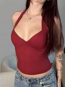 Abrilcols Top sin espalda de halter de unicolor casual y sexy para mujer - Burdeos - Ver 3