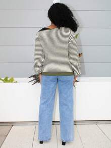 Steph T 女士秋冬时尚露肩领不对称领条纹长袖毛衣海岸魅力条纹落肩毛衣海军风毛衣 - 軍綠色 - 查看 2