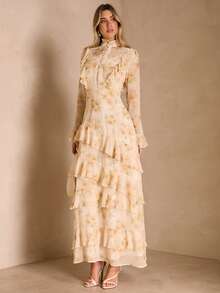 Enchnt 时尚优雅修身不对称荷叶边下摆连衣裙 - 杏色 - 查看 3