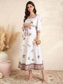 Momance Maternity Dress With Mid-Sleeve, Square Neckline, Multi-Layered Skirt, Waist Tie Bow, Printed & Embroidered Long Dress - Multicolor - View 6