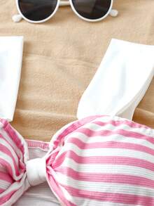 GlowEve Petite 女士条纹印花荷叶边上衣+三角裤+短裤三件套 - 粉色 - 查看 6