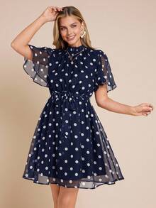 Amorya 女士波点印花腰部雪纺荷叶边下摆可爱迷你连衣裙 - 藏蓝色 - 查看 3