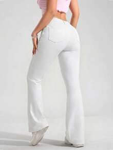 SHEIN PETITE Quần jeans ống loe trơn màu dành cho nữ, kiểu dáng tối giản, có đai lưng, thích hợp cho mùa hè. - trắng - Xem 2