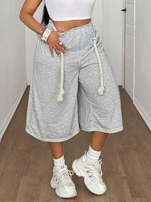 Plus Size Women's Summer Casual Loose Rope Shorts, Suitable For Daily, Party, And Vacation Wear - Grey - View 1