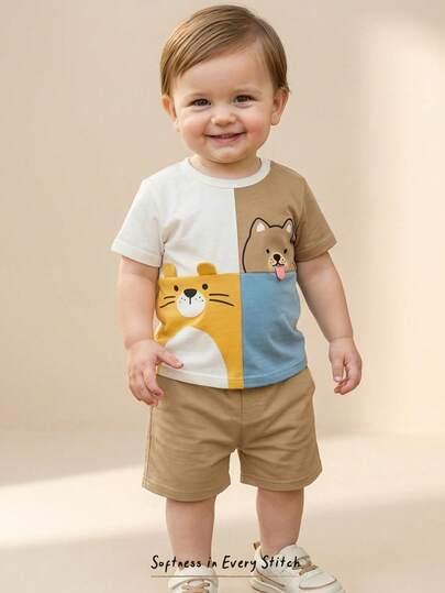 Cozy Pixies Set de 2 piezas de parte superior de manga corta con cuello redondo y pantalones de cintura elástica con estampado de animales de dibujos animados para bebé niño