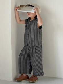 DAZY Conjunto informal de camisa de rayas y pantalones para niño en verano - Gris Oscuro - Ver 5