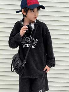 DAZY 男童插肩长袖休闲宽松时尚印花T恤套装 - 黑色 - 查看 2