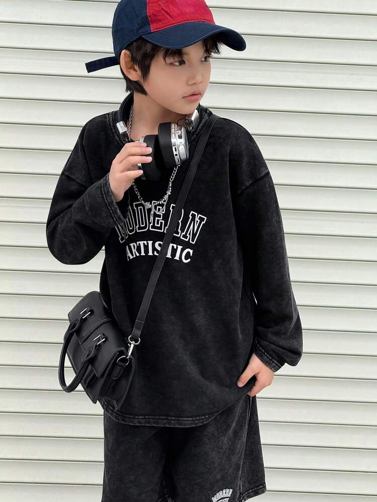 Tween Boys Raglan Long Sleeve Casual Loose Fashion Printed T-Shirt Set