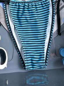 Swim Mod 女士撞色条纹三角比基尼套装，夏季 - 藍色 - 查看 4