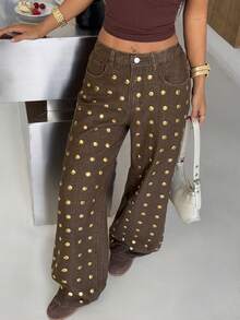 SHEIN PETITE 春夏女式派对Y2K音乐节牛仔裤，闪亮金箔设计，低腰阔腿棕色牛仔裤 - 棕色 - 查看 7