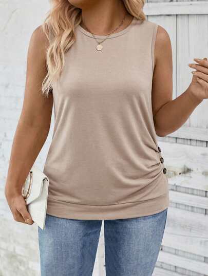 EMERY ROSE Women's Spring/Summer New Arrival Round Neck Side Ruched Button Decor Plus Size Camisole