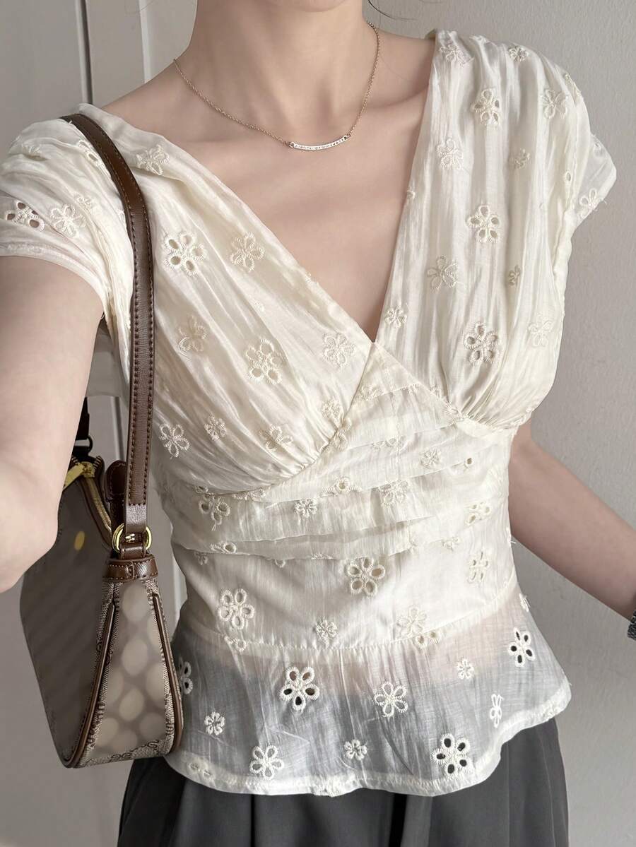 DAZY Women's V-Neck Lace Fabric Waist Cinched Short Casual Elegant Blouse, Summer - Beige - View 1