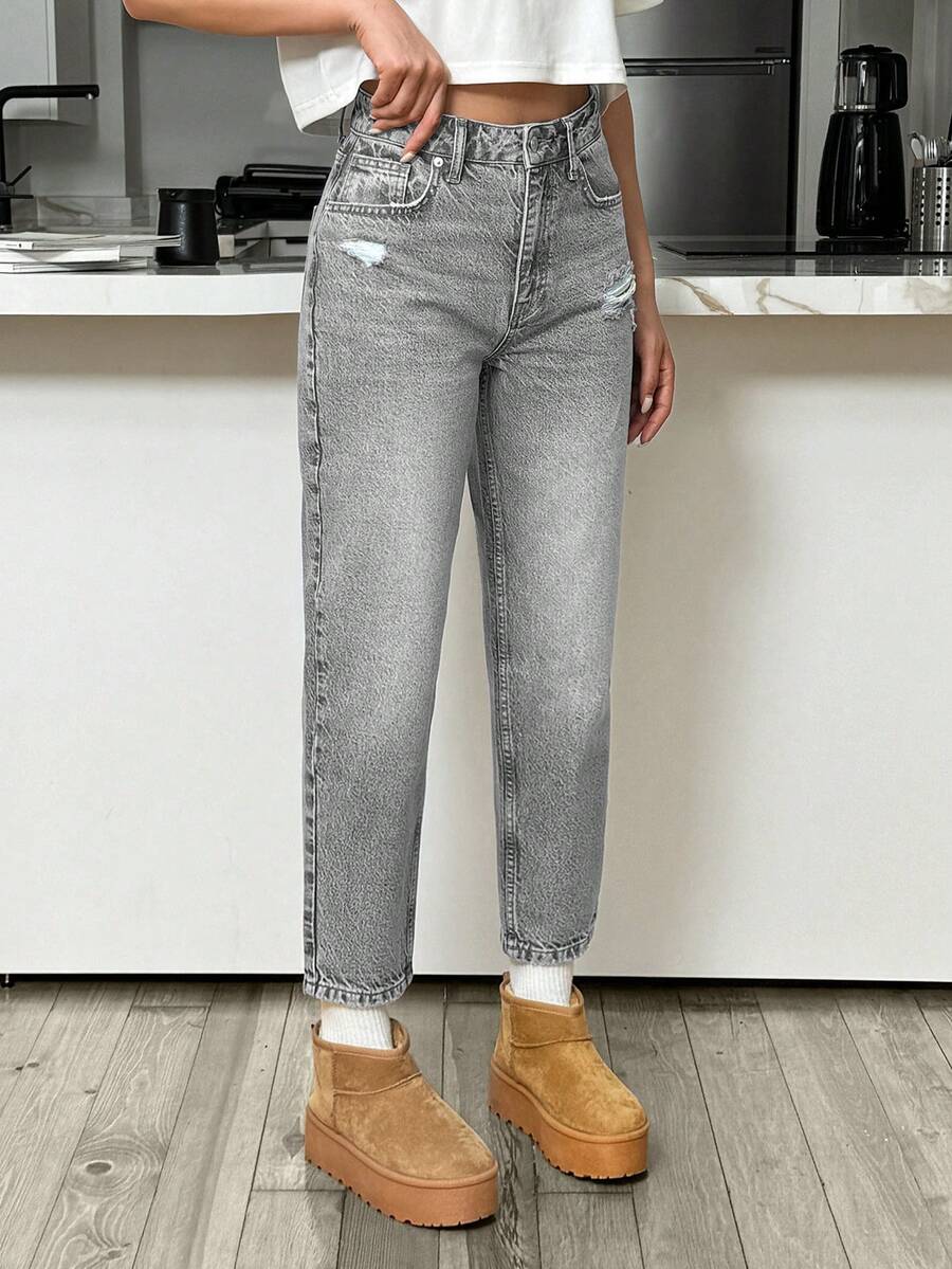 EURMUSE HIGH RISE MOM CUT RIPPED WOMEN JEANS - Grey - View 1