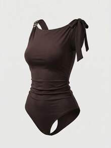 Pariaura 2026新款巧克力棕色单肩褶皱连体衣，女士修身无袖上衣，饰有金色链条和蝴蝶结，适合派对、夜店、度假、晚宴、约会等场合穿着。 - 巧克力棕 - 查看 6