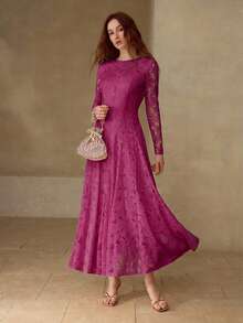 MOTF PREMIUM WOMEN'S LACE OVERLAY LONG SLEEVE FORMAL COCKTAIL DRESS - Hot Pink - View 5