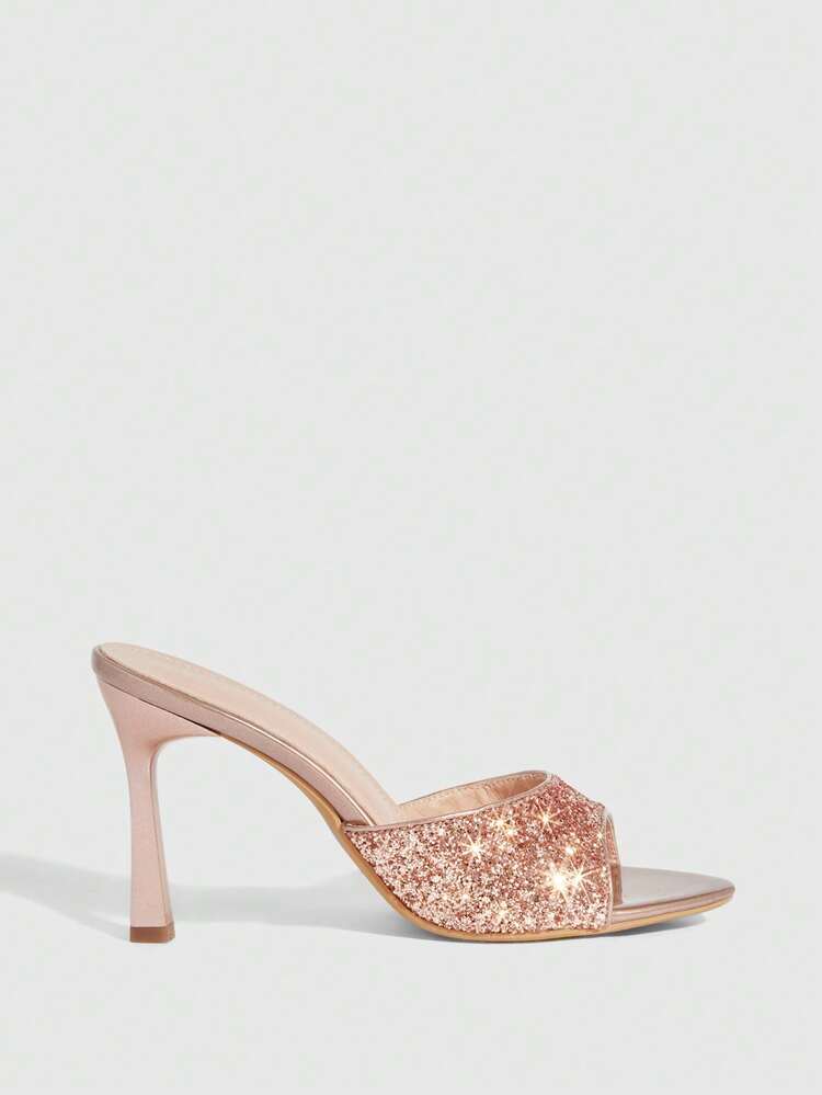 CUCCOO SZL Women Shoes Spring And Summer New Champagne Glitter One Piece Peep Toe Women's High Heel Sandals Slippers Fashion Comfortable Versatile Sexy Party Women's Sandals Peep Toe Sandals Prom Heels