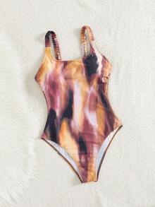 Bonvoyette 女士沙滩音乐节春夏扎染印花褶皱喇叭肩带隐藏式腰部显瘦圆领时尚优雅连体泳衣 - 彩色 - 查看 6