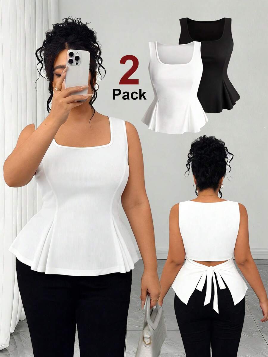 EMERY ROSE Plus Size Square Neck Flared Hem Tank Top Two Pack Casual Fabric Tie Back Design - Multicolor - View 1