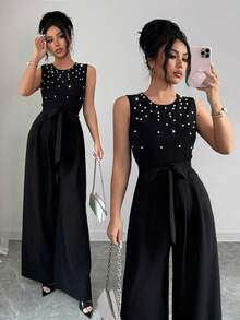 SHEIN Raffinéa 法式优雅度假连体裤，透视亮片拼接，后背拉链；腰部配有布腰带，泡泡袖褶皱设计，阔腿裤 - 黑色 - 查看 1