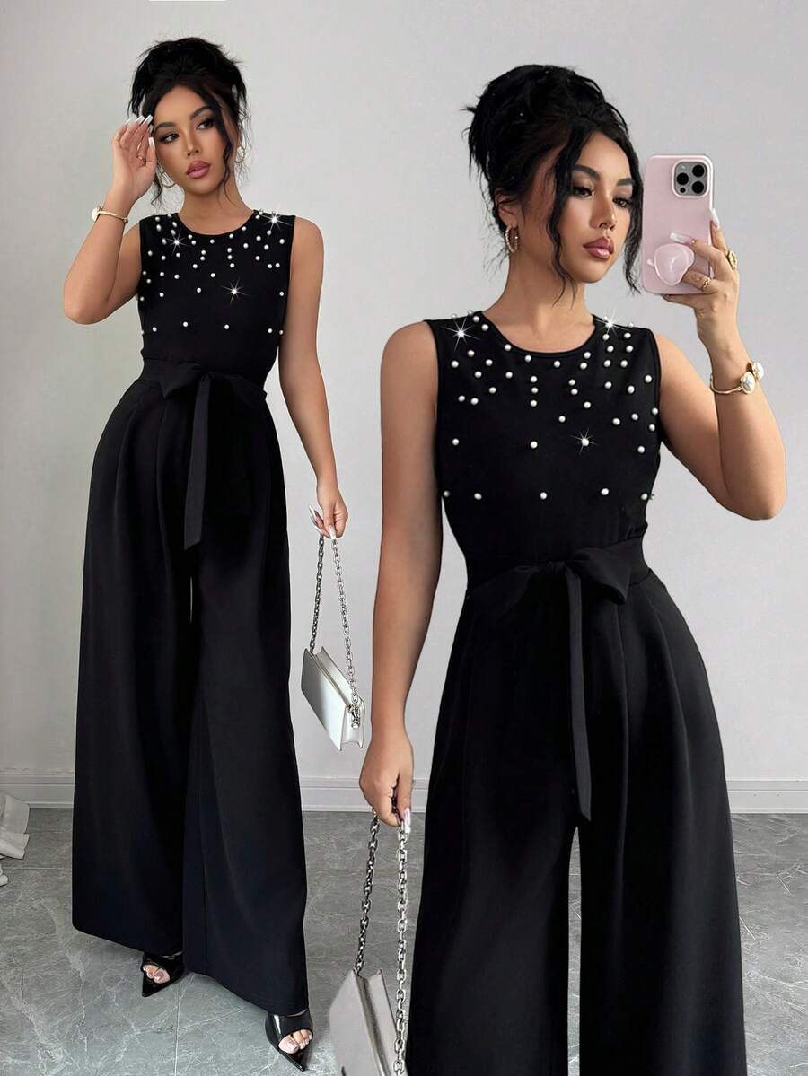 SHEIN Raffinéa 法式优雅度假连体裤，透视亮片拼接，后背拉链；腰部配有布腰带，泡泡袖褶皱设计，阔腿裤 - 黑色 - 查看 1