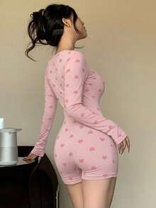 DAZY 女士爱心印花V领长袖连体衣，修身运动上衣，适合春、夏、秋季穿着，女士休闲套装 - 珊瑚粉 - 查看 6