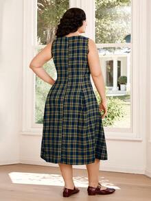 Solflare Plus Size Women's Casual Plaid Round Neck Sleeveless Dress, Spring/Summer,Carnival Women Look 2026,Going Out Outfits, Holiday Outfits,Vintage Sleeveless Waist Gathered A-Line Plaid Dress,Frenchy Women Dresses Elenzga Women Dress - Multicolor - View 2