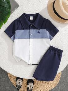 SHEIN 2pcs Baby Boy Blue & White Contrast Color Polo Collar Short Sleeve Cardigan Top And Solid Shorts Set,Summer,Family Matching,Back-To-School Outfit - Multicolor - View 2