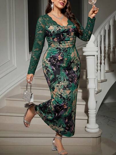 Reflora Plus Size Women's Fashion Party Lace Patchwork Long Sleeve Dress