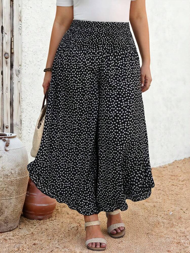 Plus Size Women's Summer Casual Vacation Flared Leg Pants With Cable Design And Polka Dot Ruffle Hem, Early Spring, Spring Break, Valentine For Women, Vacation Women, Holiday For Women,Spring Women,Going Out,2026 New,Simple And Fashionable For Everyday Wear, Wide Leg Summer Pants, Flowy Pants For Women, Boho Pants For Women, Wide Leg Capri Pants, Bohemia Pants