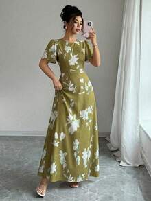 Elenzga Đầm nữ thanh lịch, lãng mạn, tay bồng, cổ tròn, thắt eo, in kỹ thuật số. - Nhiều màu - Xem 1