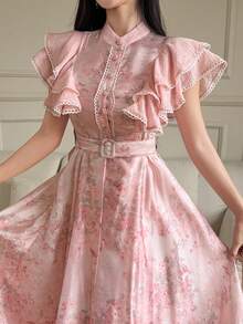 DAZY 女士优雅花卉蕾丝拼接立领系带荷叶袖中长连衣裙，夏季婚礼宾客礼服，女士吊带裙 - 粉色 - 查看 5