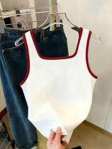 Resyla Women's Square Neck Letter Embroidery Contrast Trim Casual Tank Top - Multicolor - View 2